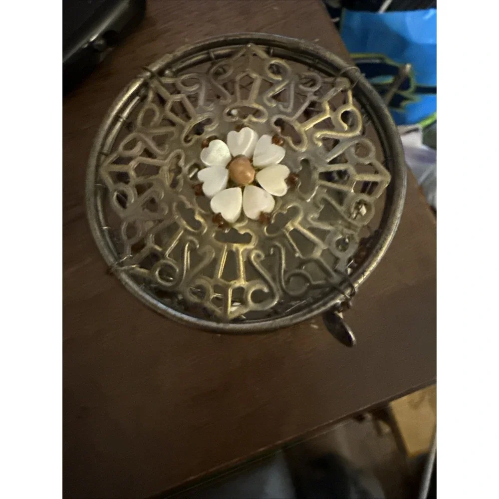 Vintage Trinket Box Metal Mother Of Pearl Wood 2